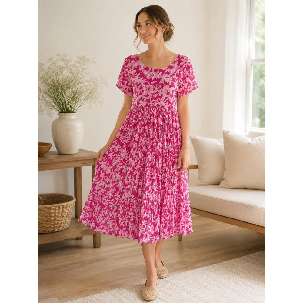 VTG Naqui Pink Floral Pleated Midi Dress O/S Boho Cottagecore Button Back - Picture 1 of 8